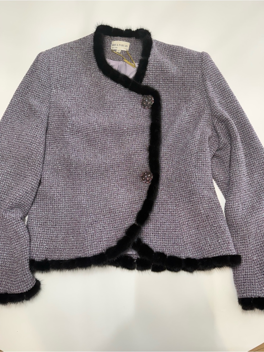 Lily & Taylor Vintage Lavender Bouclé Jacket with Black Trim Size 18 - Picture 10 of 10